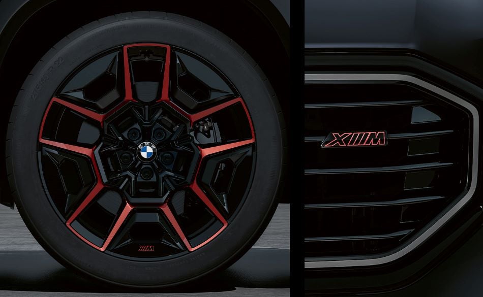 Detailed images of exclusive 22” M Wheels with red accents and XM badging on Illuminated Kidney Grille. in Bachrodt BMW | Rockford IL