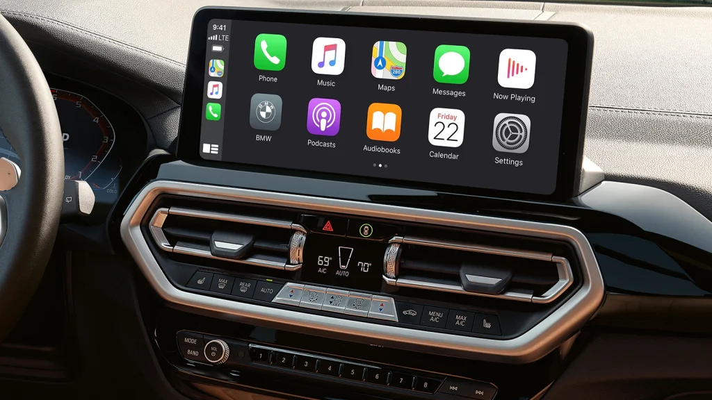 An interior view of the 2023 BMW X3 10.25 inch infotainment center and display